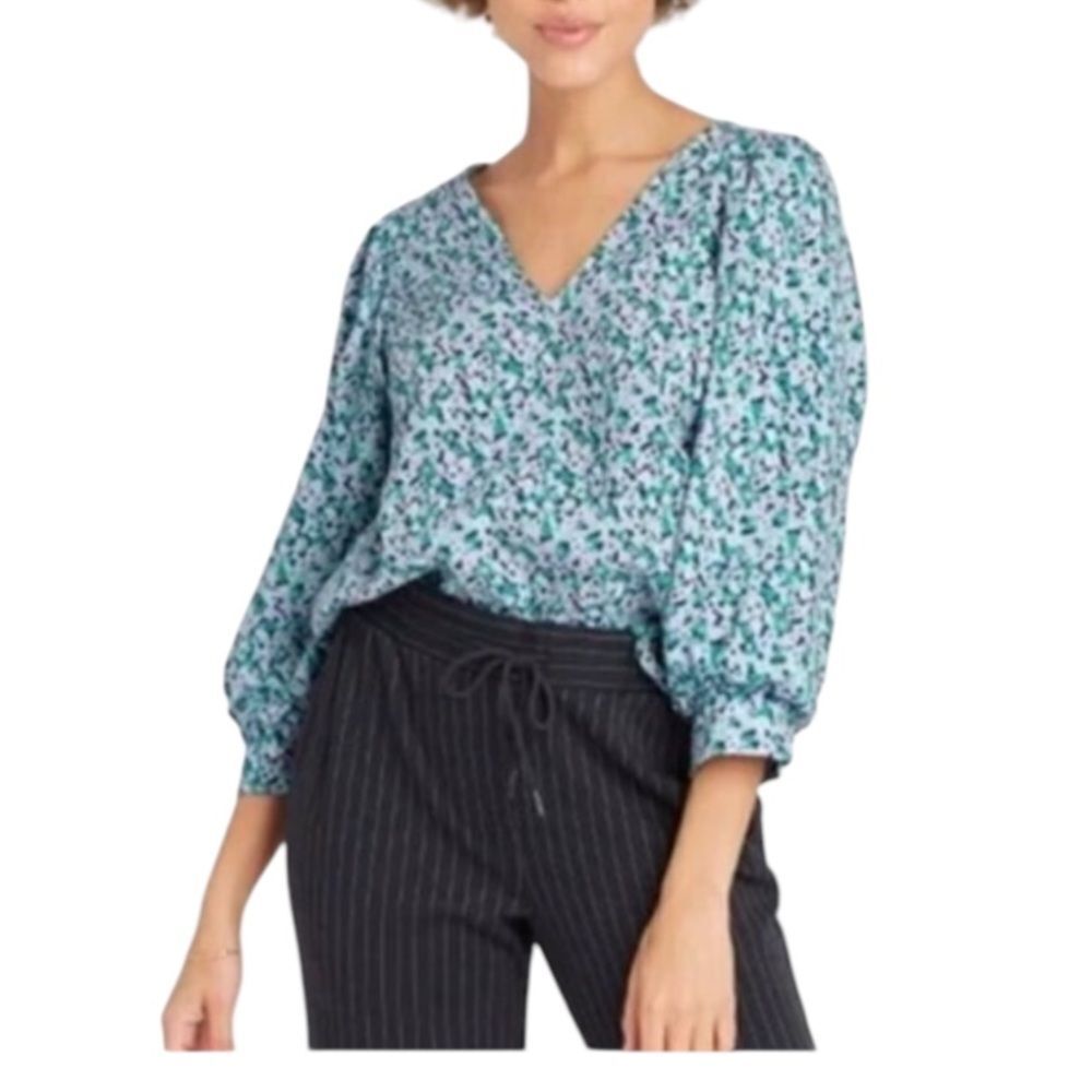 A NEW DAY Floral Blouse Puff Sleeves blue small